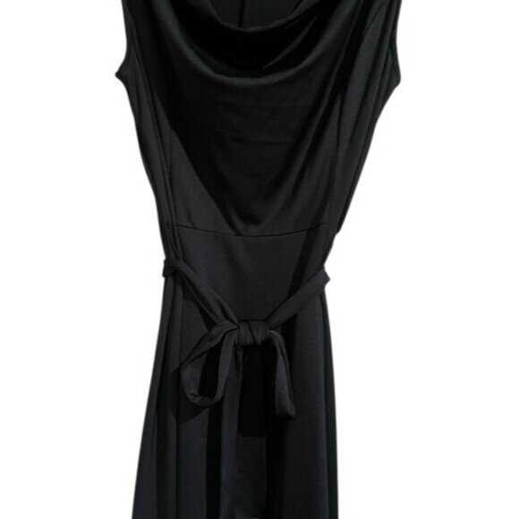 Elegant Sophisticated Sleeveless Black Cowl Neck Midi Dress With Tie Belt Size M - Picture 5 of 13